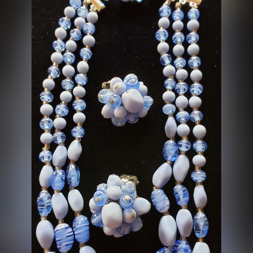 Vintage Denim Blue Swirl Art Glass Set 1950's 60's Japan Spring Summer - Picture 4 of 10